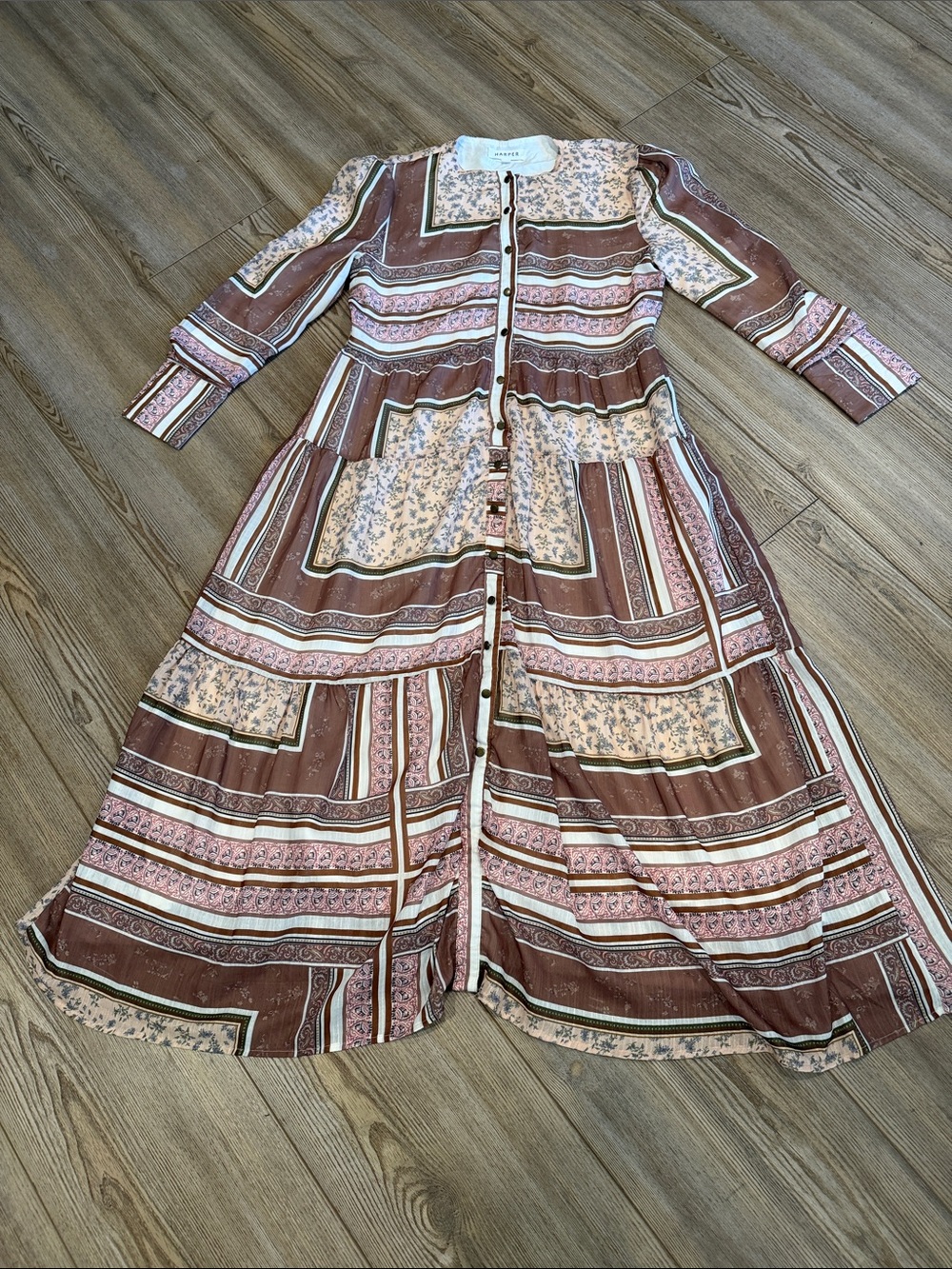 Harper Brown & Pink Striped Patchwork Button-Front Maxi Dress